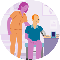 Илюстрация на пациент с измерване на кръвно налягане, придружен от член на семейството за подкрепа.